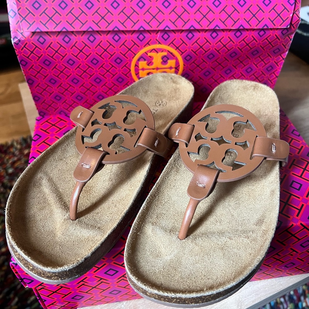 Tory Burch Brown Leather Logo Thong Sandals